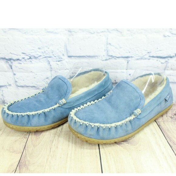 LL Bean Blue Suede Wicked Good Shearling Lined Venetian Slippers Size 8 M - Picture 2 of 9